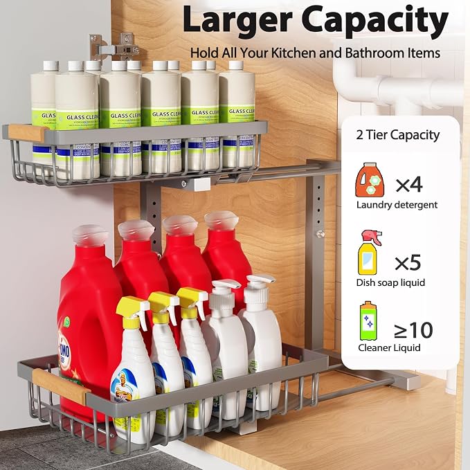 Under Sink Organizer Storage 2 Pack, 2 Tier Slide Out Height Adjustable Pull - Image 2