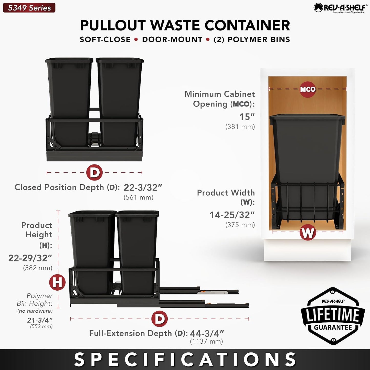 Rev-A-Shelf Aluminum Double Pullout Waste Container for Kitchen Base Cabinets, 50 Qt Trash Can with Soft-Close Slides, Black, 5349-2150DM-218
