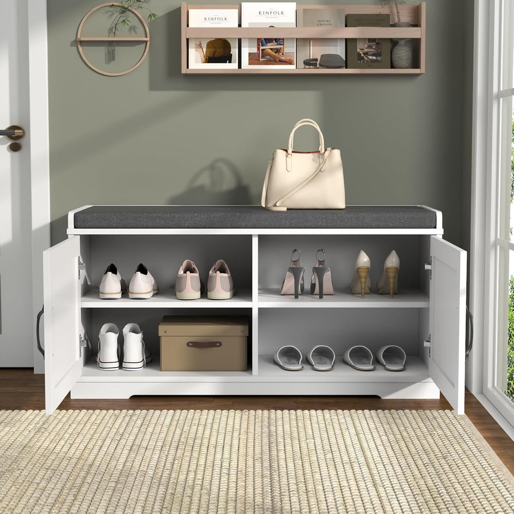 Loomie Shoe Storage Bench, 2-Tier Farmhouse Entryway Bench with Padded Seat C...