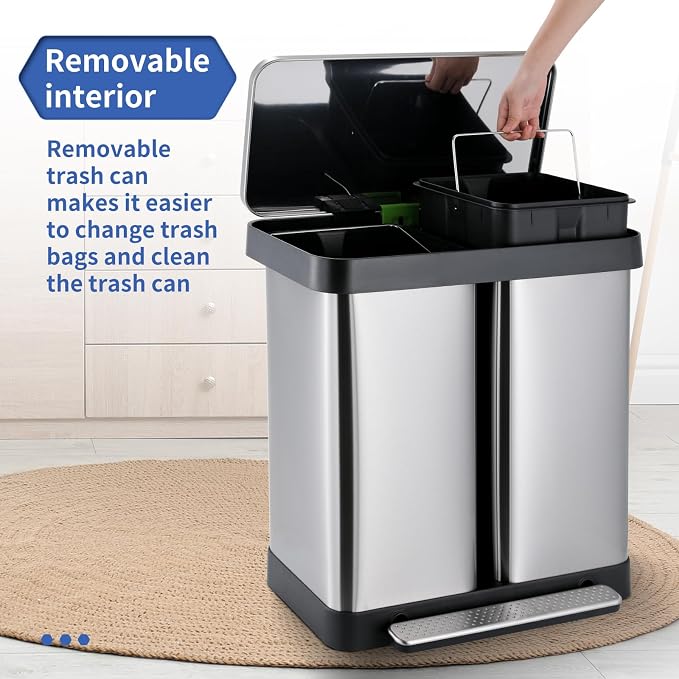 16 Gallon Dual Compartment Trash Can, Hands-Free Recycling Rectangular Garbage - Image 5