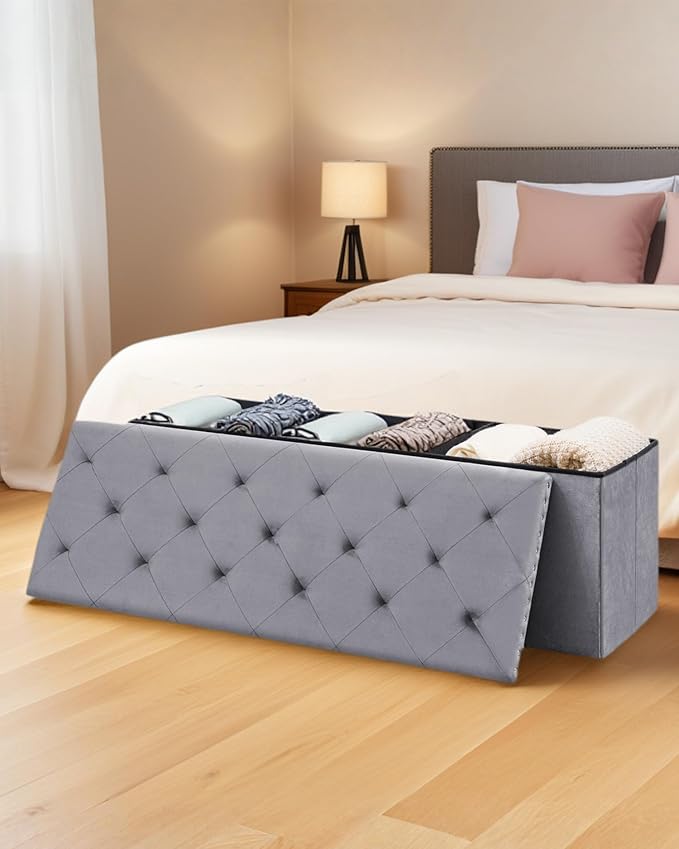 Velvet Storage Ottoman Bench, 43.3" Folding Ottoman - Image 4