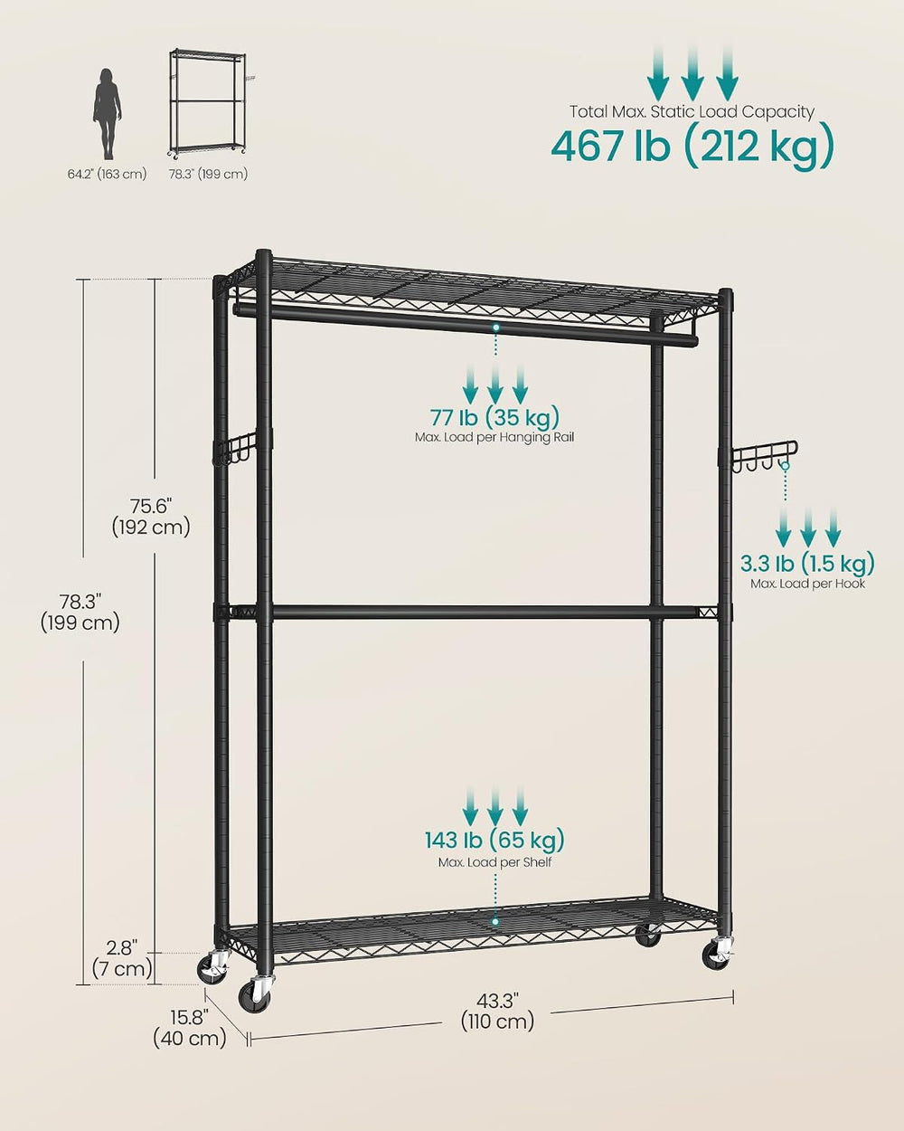 SONGMICS Heavy-Duty Clothes Rack, Portable Closet on Wheels, Garment Rack