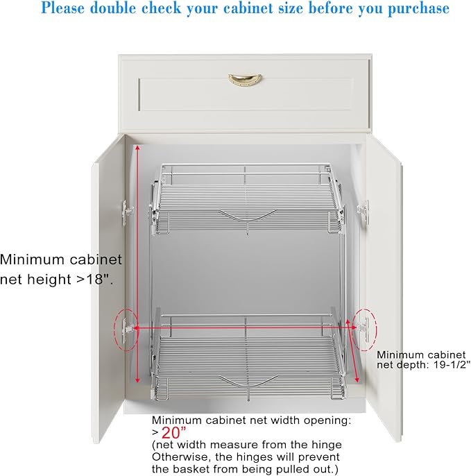 DINDON 2 Tier Pull Out Cabinet Organizer, Double Tier Wire Basket Slide Out