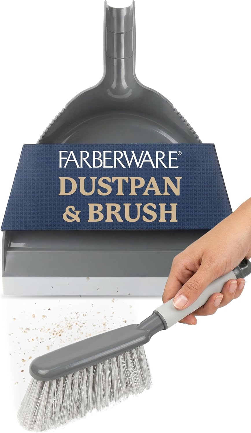 Farberware Handheld Broom and Dustpan Set with Rubber Lip – Small Dust Pan and Brush Set for Kitchen Crumbs, Cat Litter, Compact Hand Broom with Soft Grip Handle for Home Cleaning
