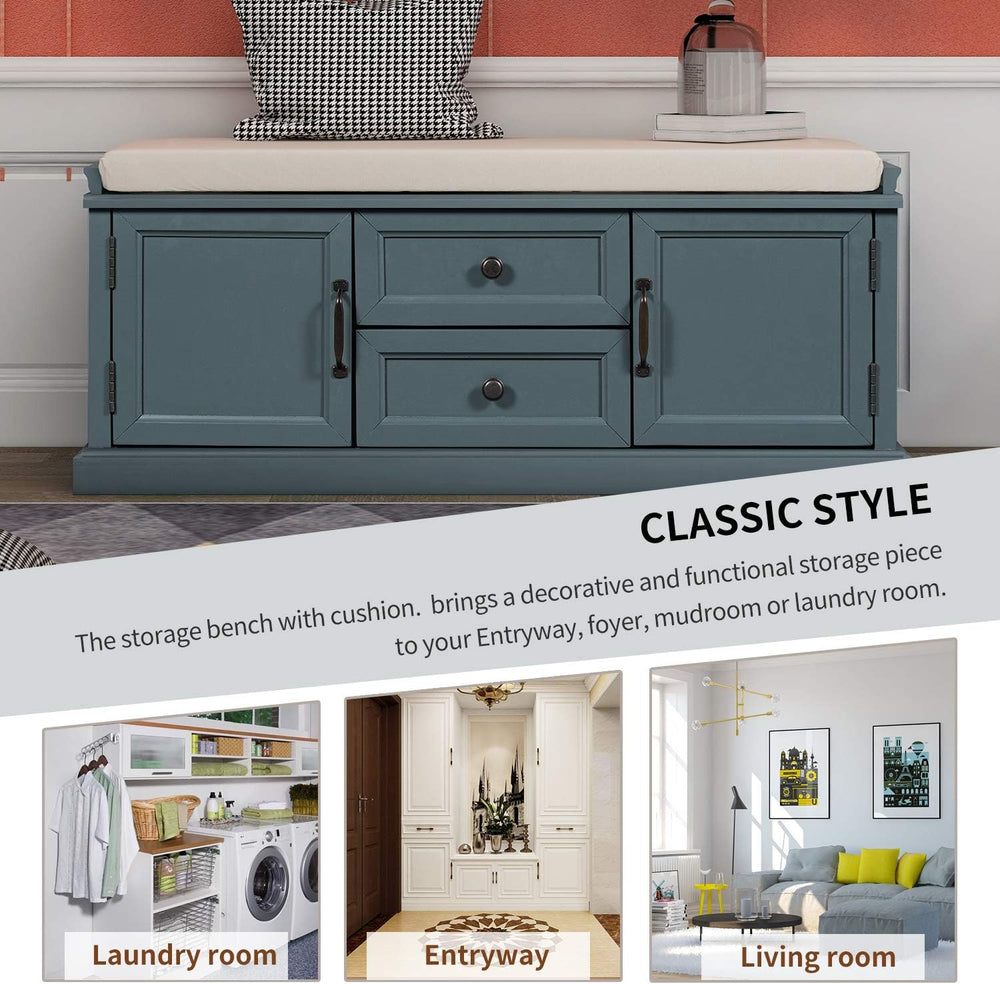 Storage Bench, Solid Wood Shoe Bench with 2 Drawers/2 cabinets/Removable Cush...