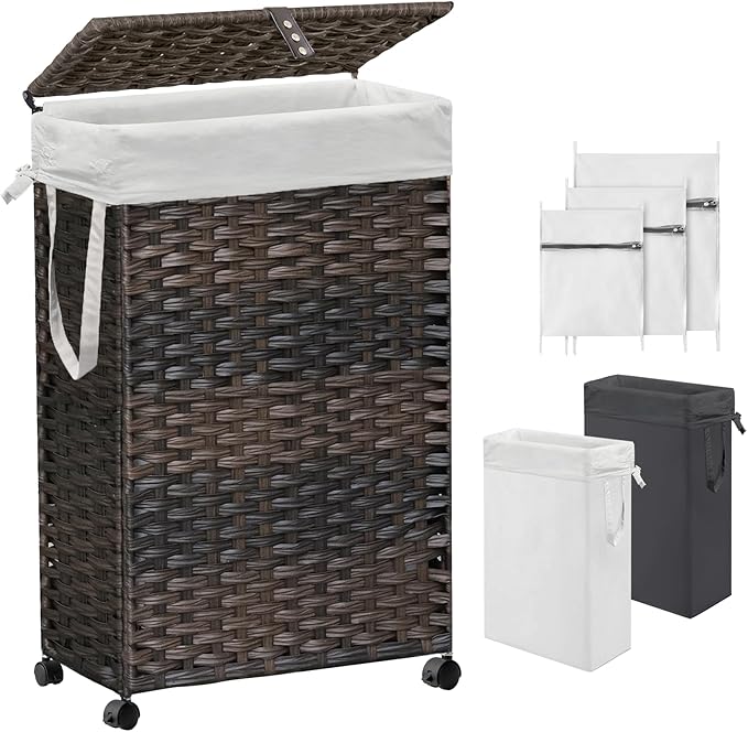 70L Slim Laundry Hamper with Lid & Wheels, Rolling Laundry Basket with 2 by Hiagnete