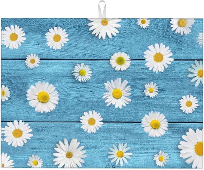 Daisies On Vintage Blue Wood Dish Drying Mats by GOCGRVOfficialOnline