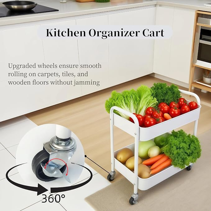 2 Tier Metal Rolling Cart with Wheels - Image 4