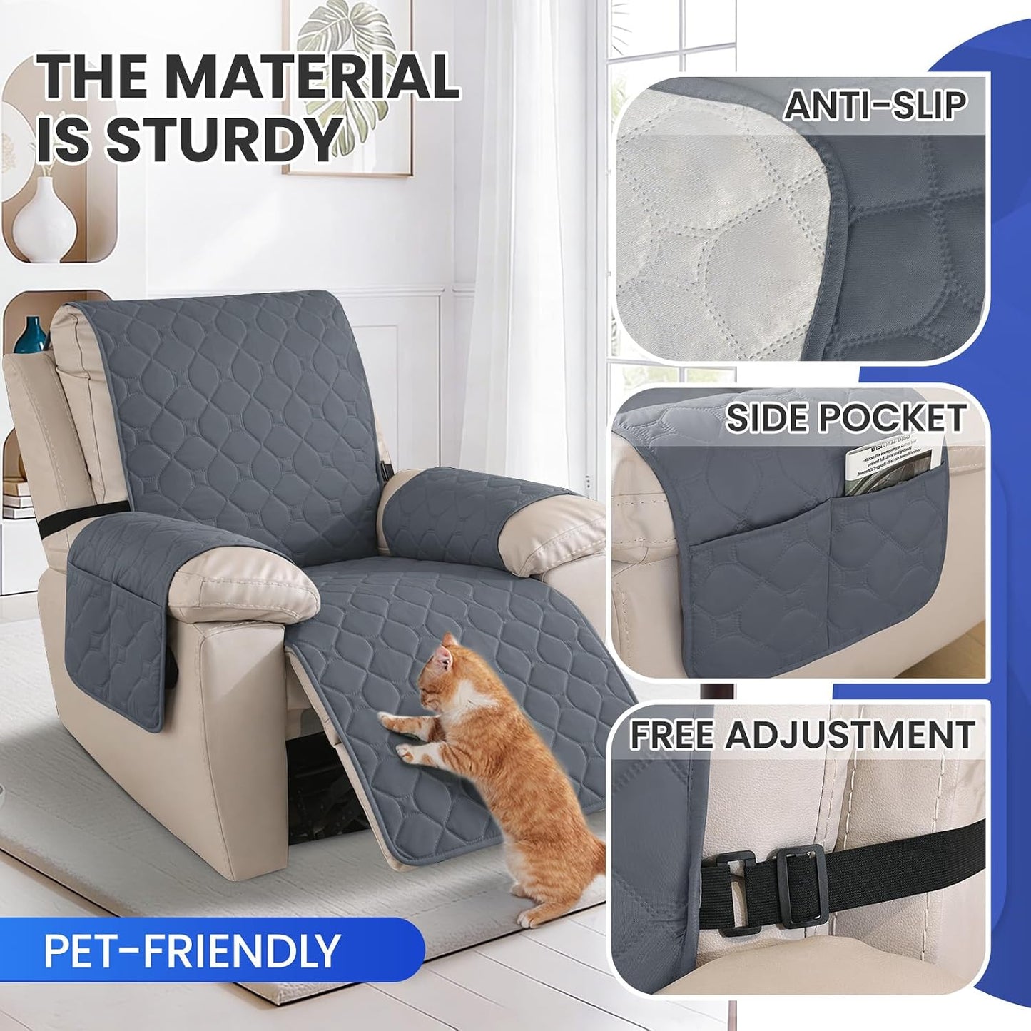 100% Waterproof Recliner Chair Covers, Recliner Cover Stay in Place, Chair Covers for Recliners, Recliner Covers Washable with Pocket, Elastic Straps for Pets, Dogs and Kids (Dark Gray, 23")