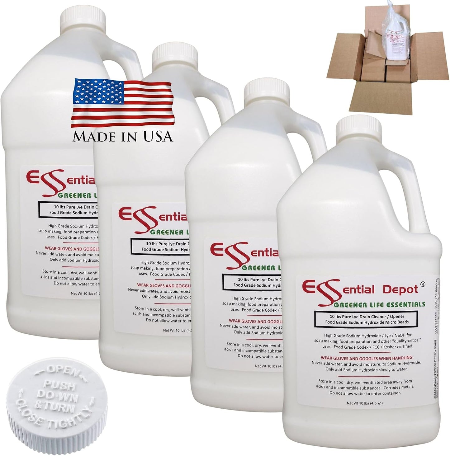 Essential Depot 40 lbs Bottle Food Grade Sodium Hydroxide Lye Evenly-Sized Micro Pels (Beads or Particles) - Lye Drain Cleaner - HDPE Container with Resealable Child Resistant Cap and Handle