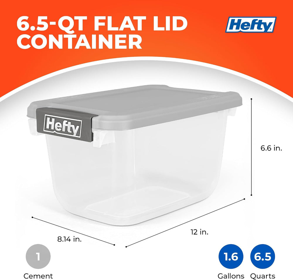 Hefty 6.5 Qt Flat-Lid Storage Bin with Lid, Stackable Plastic Storage Contain...