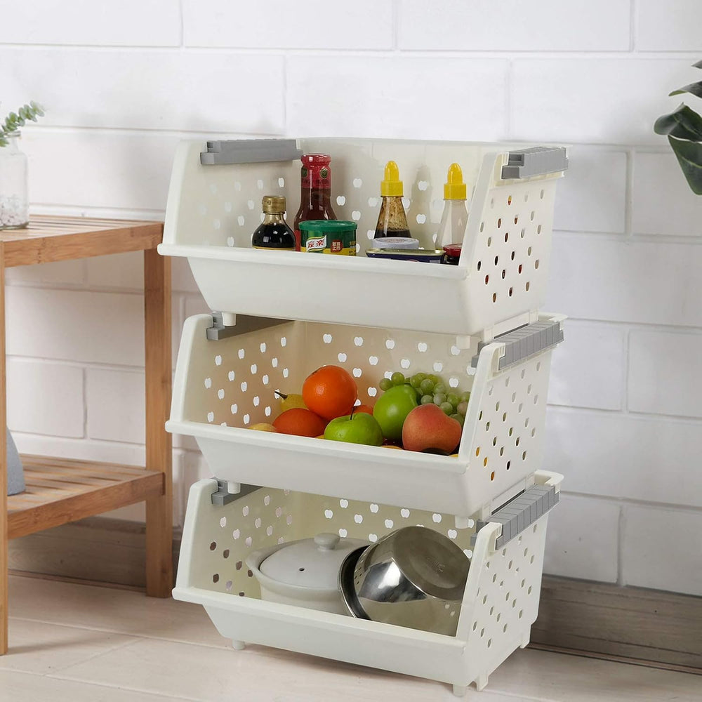 3 Pack Large Stackable Storage Bins Kitchen Plastic Stacking Basket