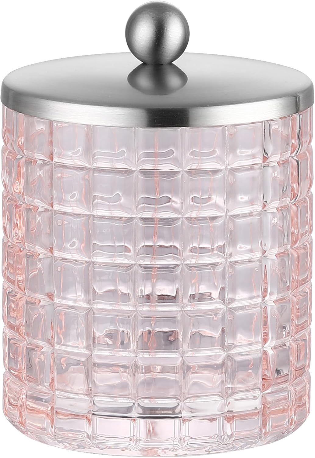 Blush Colored Tranlucent Apothecary Etched Geometric Grid Glass Jar W/Nickel Metal Lid Cover for Bathroom Organization, Cotton Balls, Q Tips, and Small Accessories, Bathroom Storage