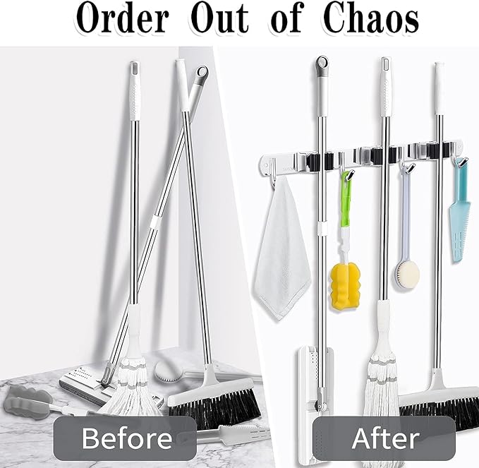 2 Pack 3 Racks and 4 Hooks Broom and Mop Holder Wall Mounted Garage Organizer - Image 6