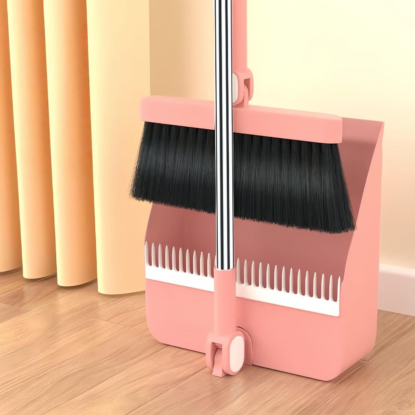 2-in-1 Broom with Dustpan Combo Set,Long Handle Broom Dustpan Combo with Dustpan Teeth to Automatically Clean Hair for Home, Indoor or Outdoor Cleaning Hall Floor (Pink)