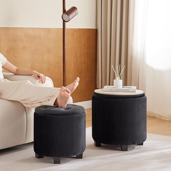 Big Round Ottoman with Storage Set of 2, Upholstered Velvet Vanity Stool - Image 4