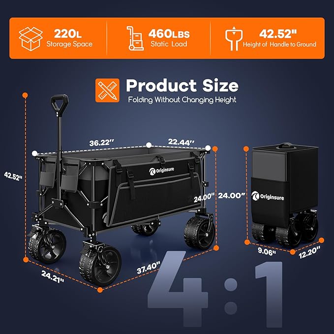 220L Collapsible Wagon Cart Foldable, 460lbs Load Capacity Heavy Duty Folding - Image 4