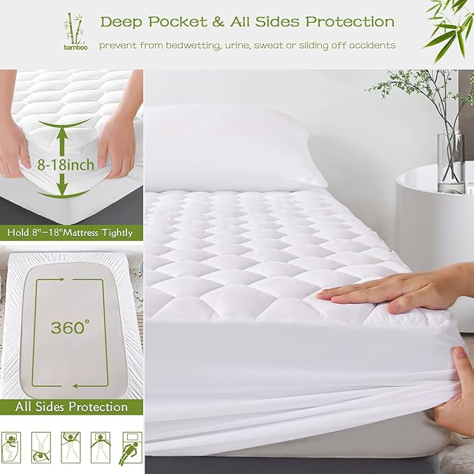 GRT Full Mattress Protector Waterproof, Rayon from Bamboo, Cooling Quilted - Image 4