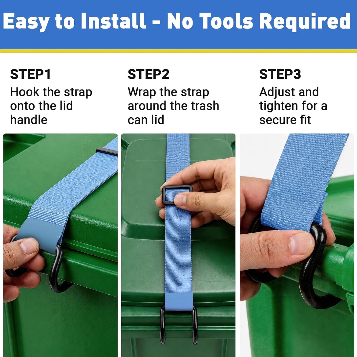 ANKS Bear&Raccoon Proof Trash Can Lock - Heavy Duty Metal Hook | Adjustable 22.64-37.1" strap fits 28-96 gal bins, windproof, rustproof, tool-free, Blue