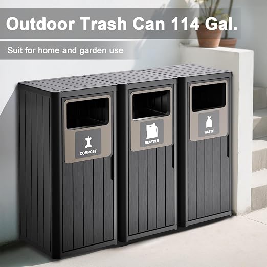 Outdoor Three Barrel Trash Can, Waterproof Resin Garbage Can - Image 2