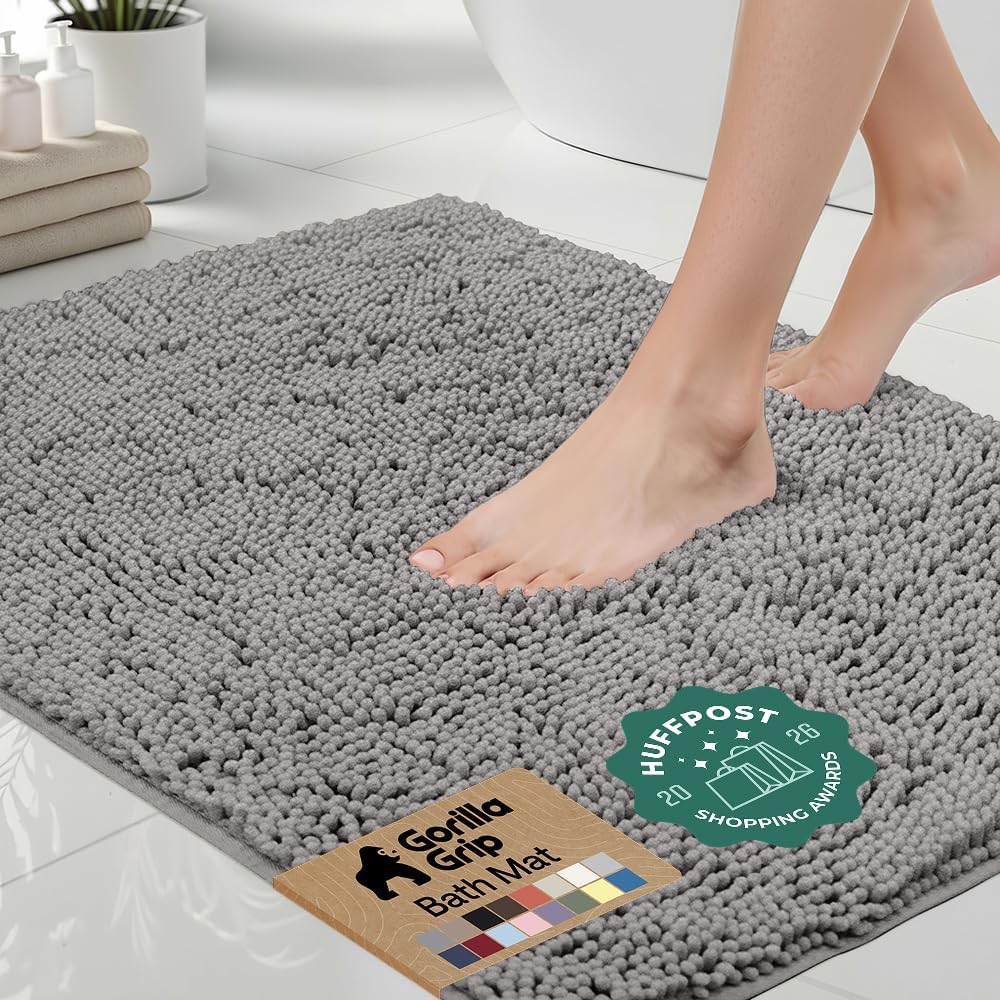 GORILLA GRIP Bath Rug Mat, Thick Soft Absorbent Chenille, Quick Dry Microfiber Mats, Rubber Backing, Machine Washable Shower Floor Rugs, Bathroom Bathmat Home Decor Accessories, 24x17 Grey