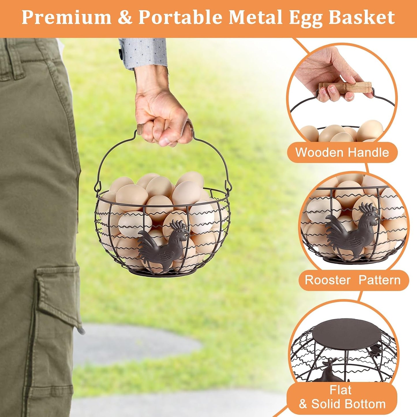 Farmhouse Egg 8'' Basket for Gathering Fresh Eggs, Wire Egg Basket | Chicken Eggs Holder for Countertop Kitchen, Wire Basket with Wood Handle, Vintage Style, Round, Rooster Pattern, Solid Bottom