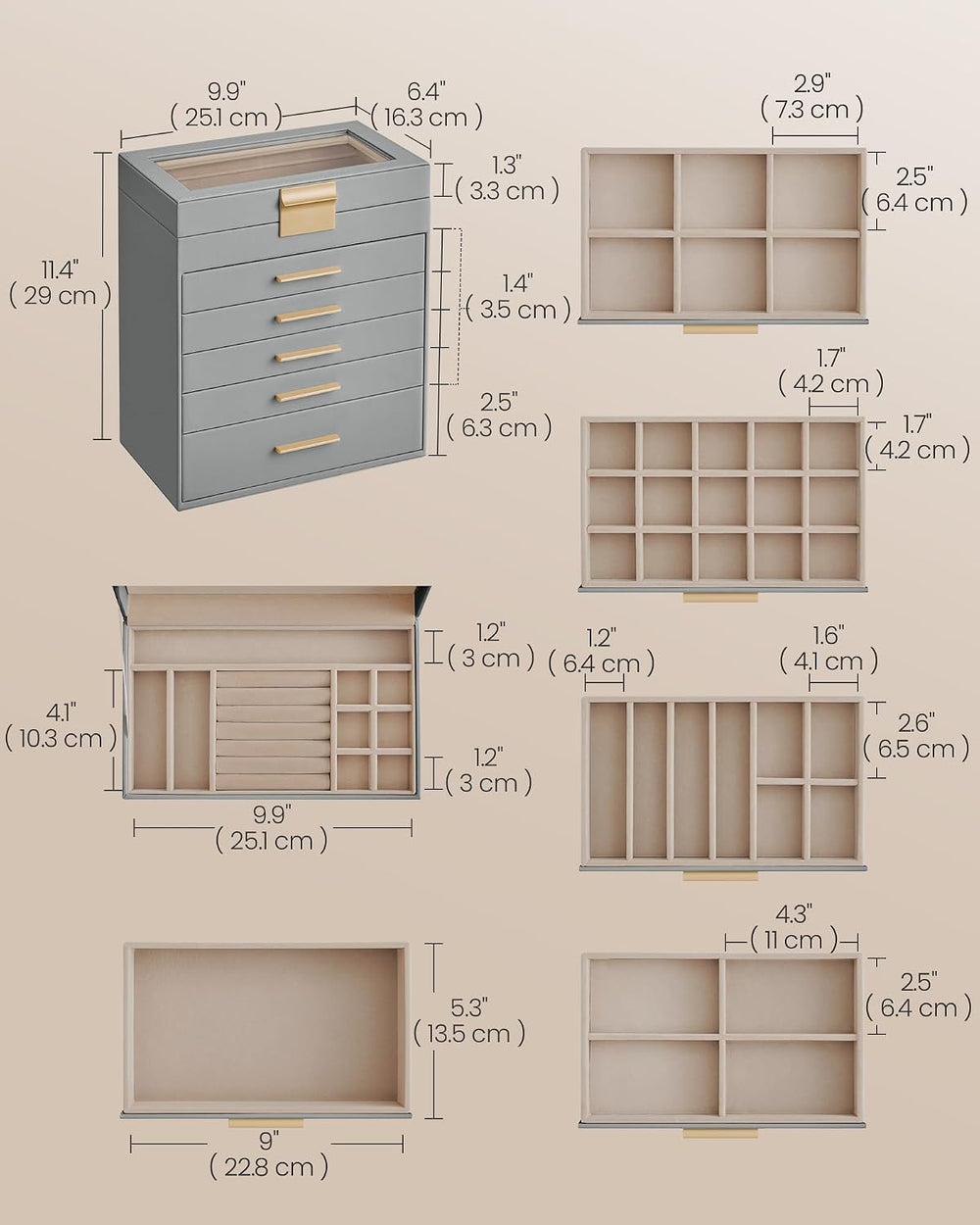 SONGMICS Jewelry Box Organizer, 6-Layer Storage with 5 Drawers, Glass Lid