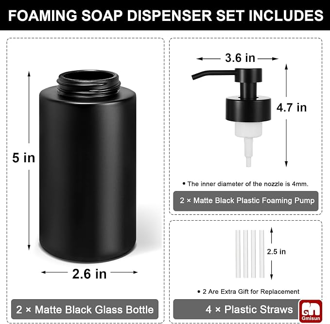 GMISUN Foaming Soap Dispenser, 10 Fl oz/300 ml Matte Black Glass Foaming Hand - Image 7