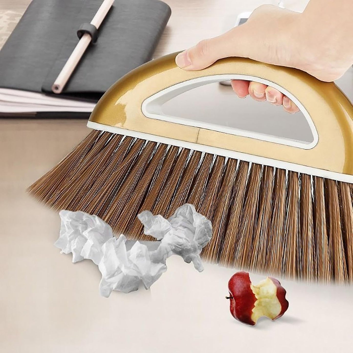 Broom and Dustpan Set with Long Handle, Dust Broom Andstanding Dustpan Combo, Lightweight Robust Kitchen Brooms Dustpans, Duster Tool Cleaning Gadgets, for Home, Kitchen, Offices, Pet Hair, Gold