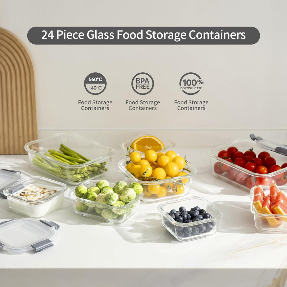 24 Pieces Glass Food Storage Containers with Lids,Glass Meal Prep Containers ...