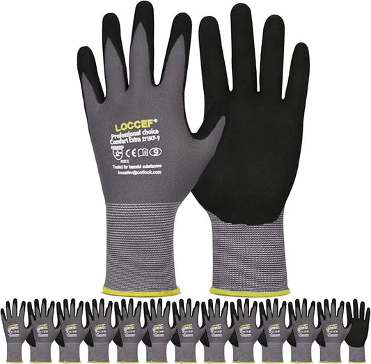LOCCEF Work Gloves MicroFoam Nitrile Coated-6 Pairs, Seamless Knit Nylon Gloves by LOCCEF