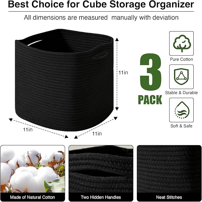 11 Inch Cube Storage Bins, Storage Cube Organizer Bins, Woven Cotton Rope Basket - Image 2