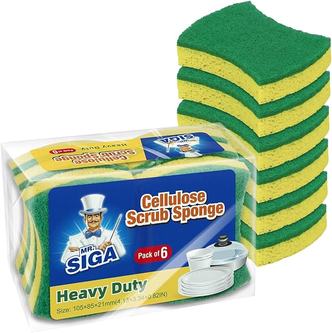 MR.SIGA Heavy Duty Cellulose Scrub Sponge, Dual-Sided Dishwashing Sponge by MRSIGA