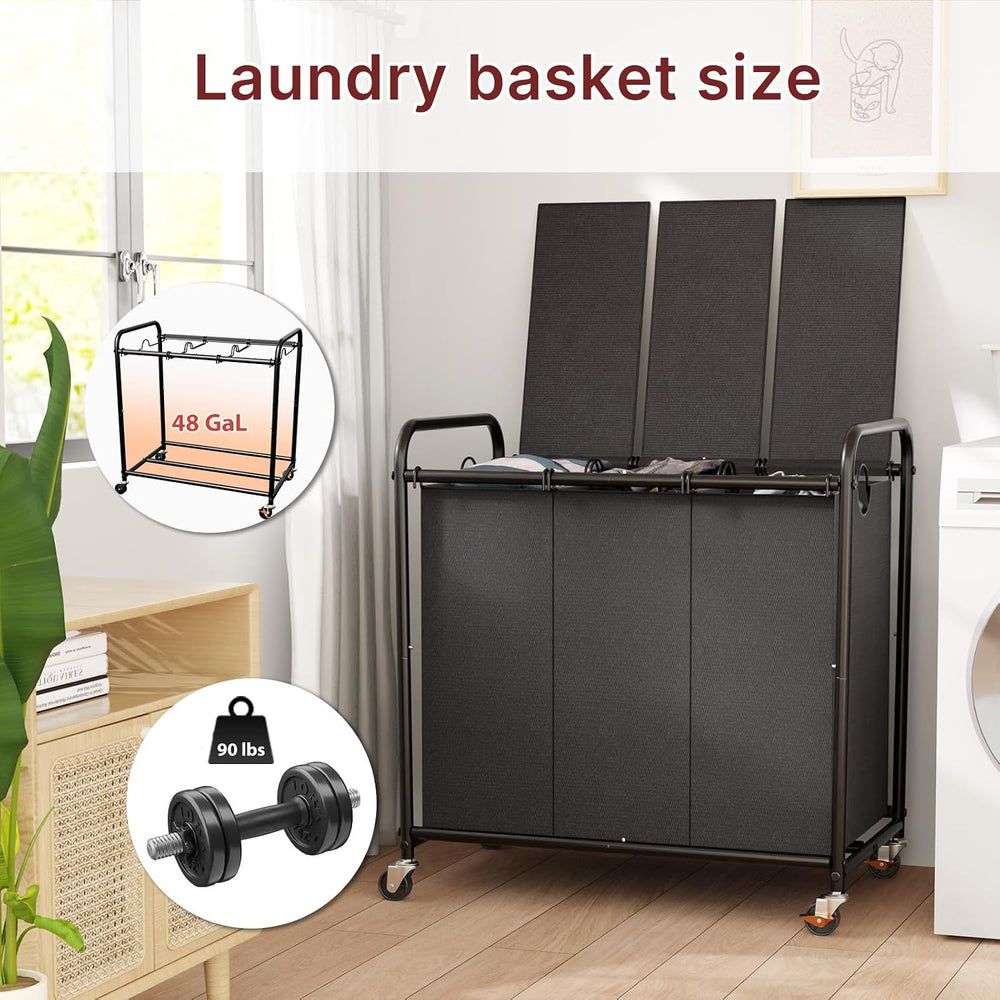 180L Laundry Sorter 3 Section with Lockable Wheels and Lid Black