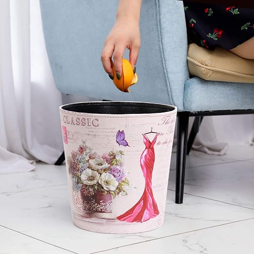 PU Leather Small Trash Can Wastebasket, Round Garbage Container Basket - Image 4