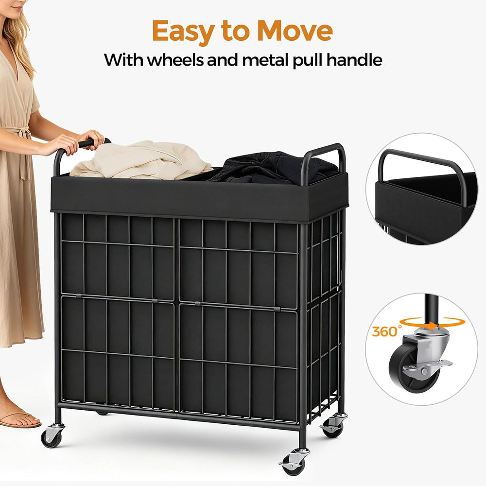 100L 2-Section Laundry Hamper with Wheels, Laundry Basket with Liner Bag
