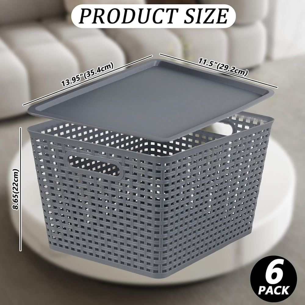 6 Pack Plastic Storage Bins with Lids, Stackable Storage Baskets with Handles...