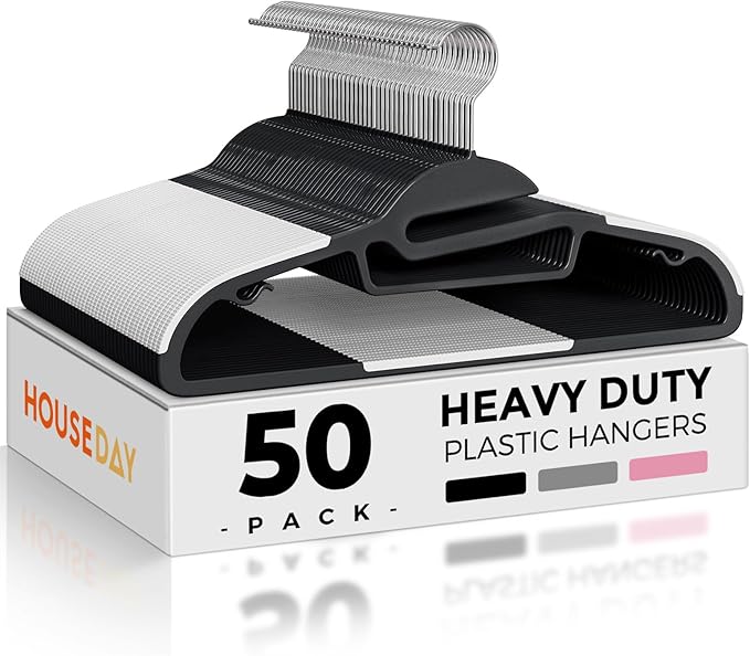 HOUSE DAY Black Plastic Hangers 50 Pack, Slim Space Saving, Non Slip Hangers by HOUSEDAY