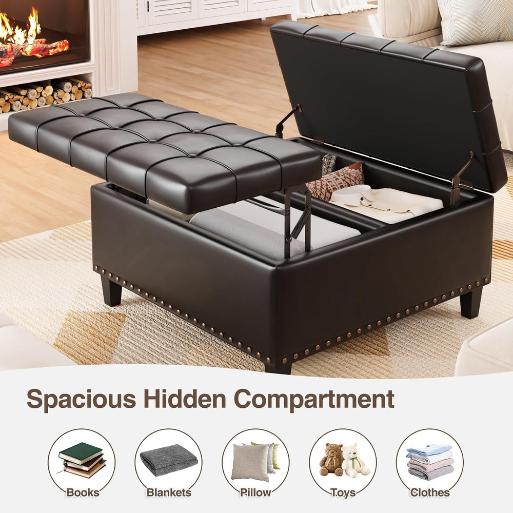 FiveWillowise 31.5 Inch Large Square Ottoman with Storage,Faux Leather
