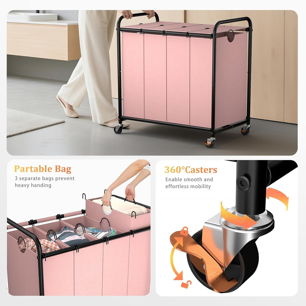 Laundry Sorter 4 Sections 48 Gal, Rolling Laundry Basket with Wheels ＆ Lid