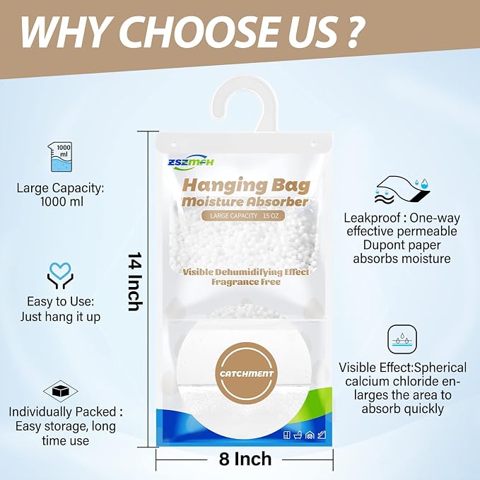 ZSZMFH 10 Pack Moisture Absorber Hanging Bags, Fragrance Free Humidity Packs - Image 2
