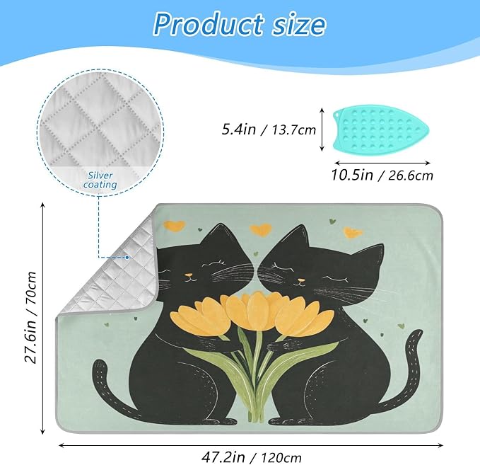 Black Cats Tulips Green Ironing Mat Thickened Ironing Blanket Travel Portable - Image 2
