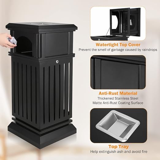 BEAMNOVA Trash Can Outdoor Top Tray Matte Black Stainless Steel Commercial - Image 4
