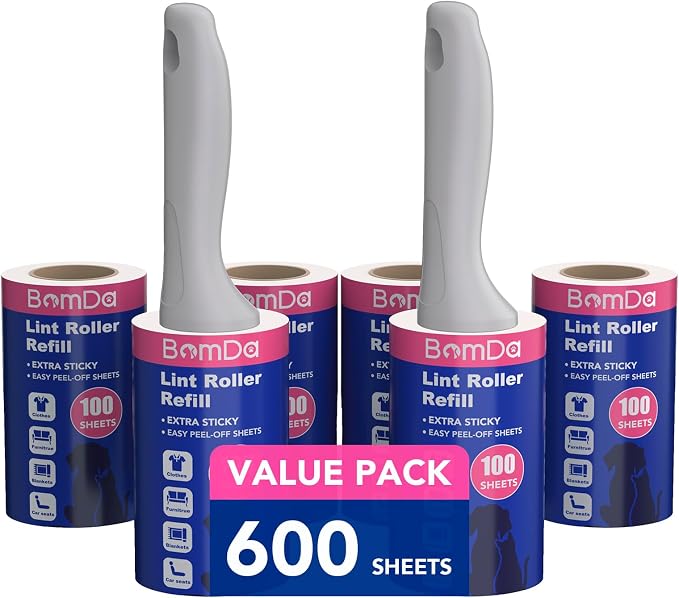 Extra Sticky Lint Roller for Pet Hair, Lint Rollers 600 Sheets, Pet Hair Remover by BomDa