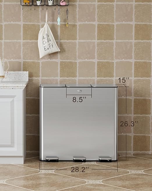 90L/3 x 7.9 Gal Trash Can, Three-Compartment Pedal Stainless Steel Kitchen - Image 4