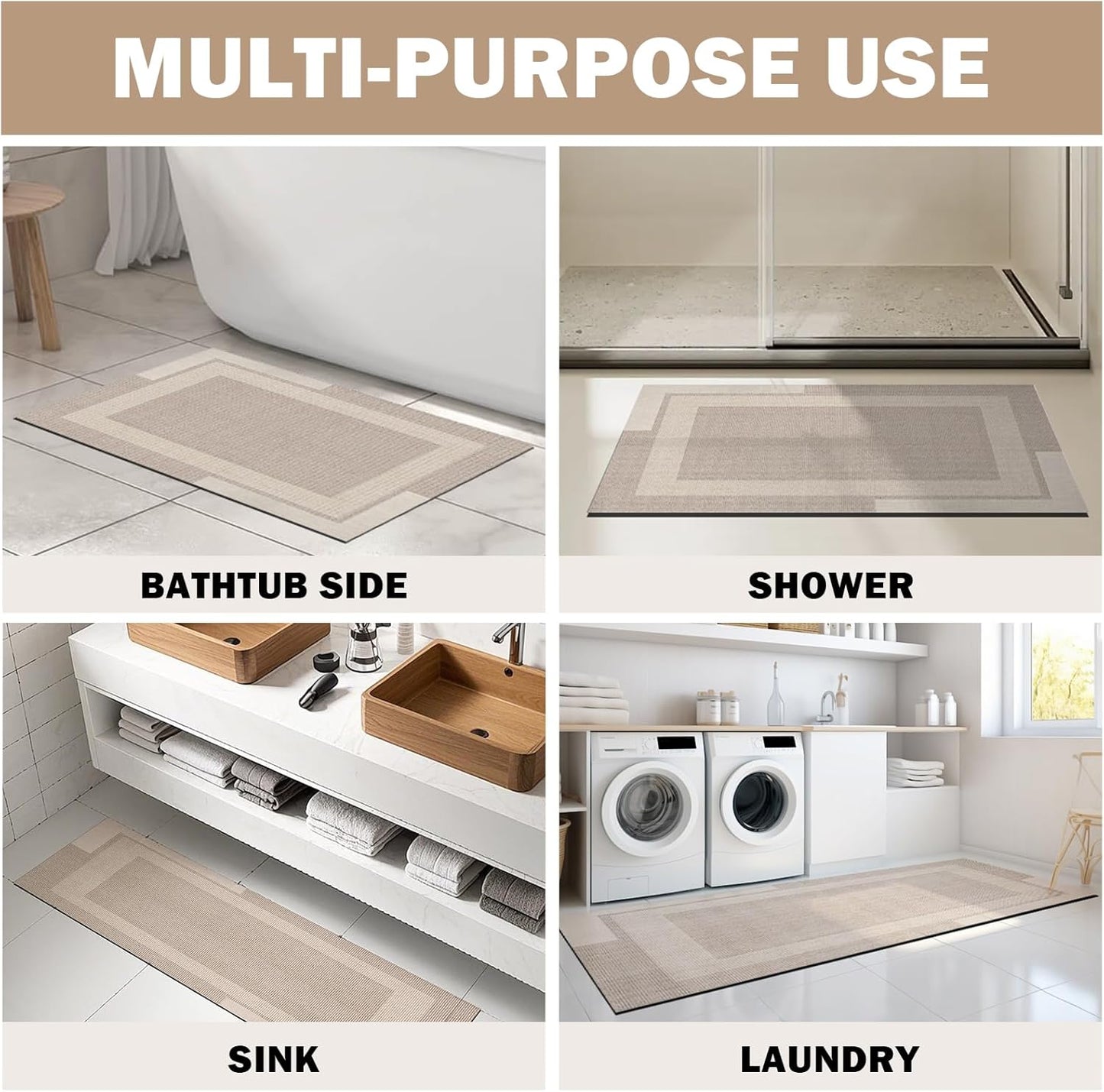 YDKGL Non Slip Bath Mat, Rubber Backing Ultra Thin Bathroom Rugs Fit Under Door Quick Dry Super Absorbent Washable Bath Rug Shower Mat for Bathroom Floor Bathtub Shower Sink, Easy Care Beige 16"x 24"