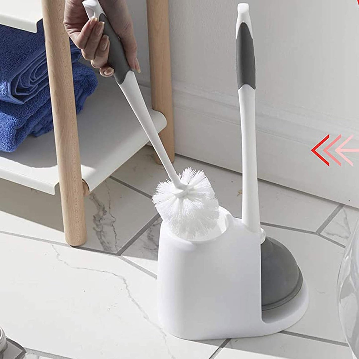 Clorox Toilet Plunger and Brush Bowl Set with Holder Caddy Storage for Cleaning Bathroom and Unclogging Toilets, White and Gray