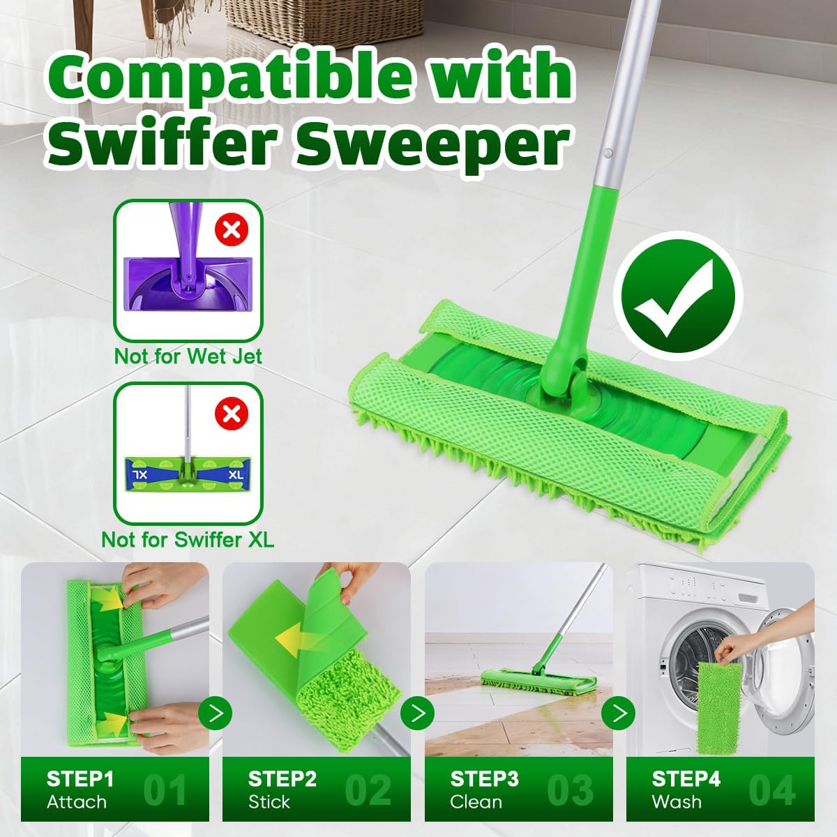 UNIMADE Reusable Microfiber Mop Pads Compatible with Swiffer Sweeper - 6 Replacement Pads + 1 Base Pad - Dry & Wet Sweeping Cloths, Washable Mopping Refills Use for Most Floor Types