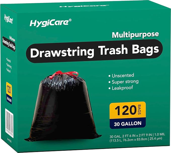 Ultra Strong 30 Gallon Trash Bags, Unscented 120 Count Drawstring Garbage Bags by HygiCare