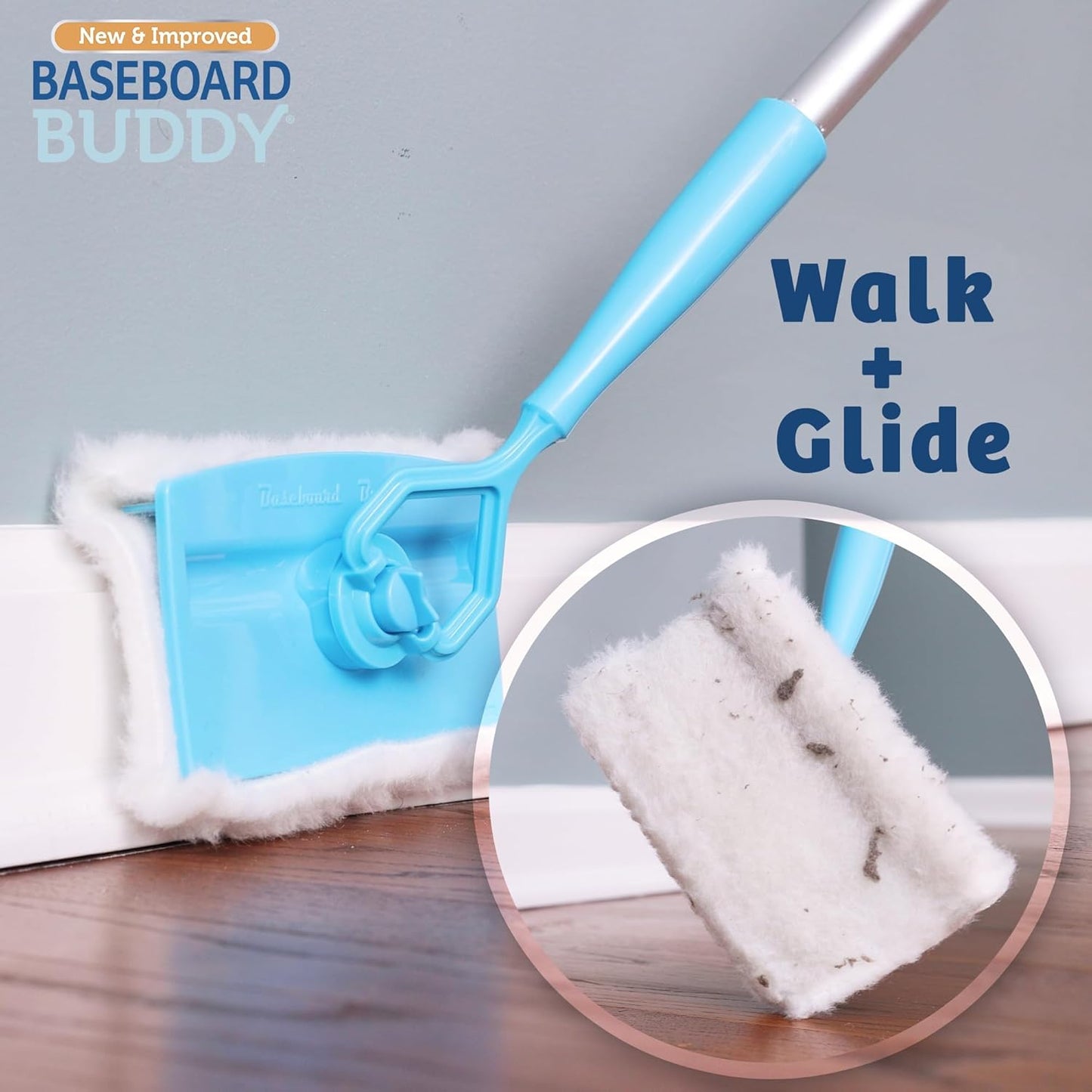 Baseboard Buddy | Lightweight Home Cleaning Essential, Perfect for Baseboards, Moldings & Walls, Glide & Wipe Trapping & Locking Dirt & Dust | As Seen on TV, (1 Baseboard Buddy & 3 Reusable Pads)